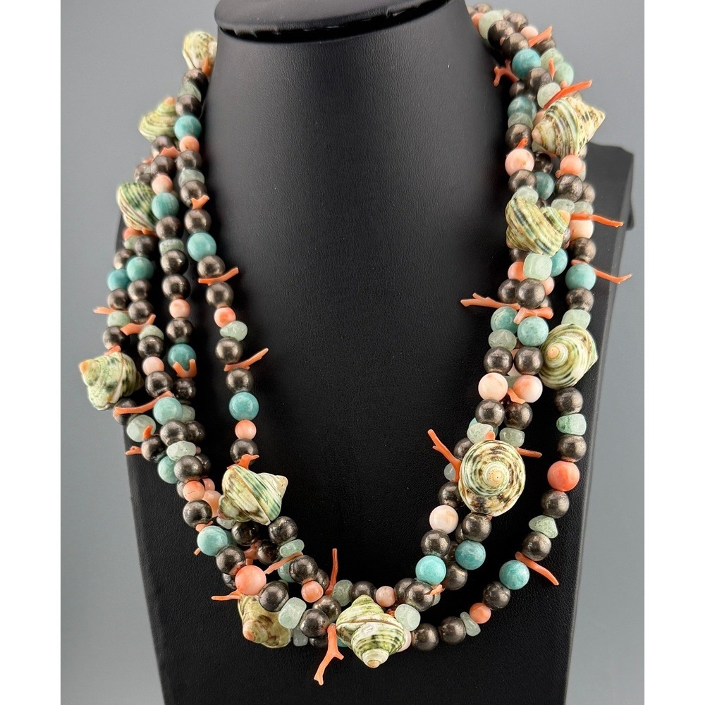 Vintage Multi Strand Necklace Sterling Silver Beads Shells Jadeite Quartz 20"